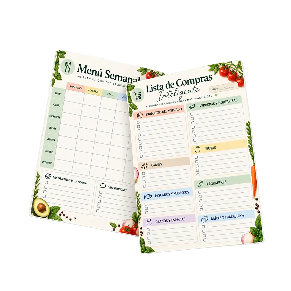 Mockup del menú semanal y la lista de compras personalizables