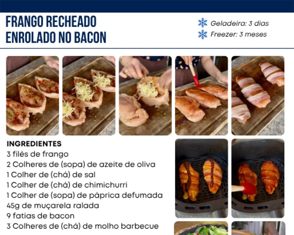 Página del libro con ingredientes e imágenes de pollo relleno envuelto en tocino