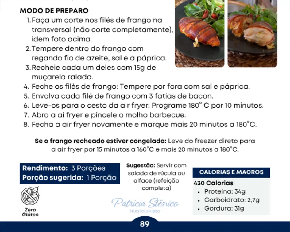 Página del libro con instrucciones de preparación e información nutricional del pollo relleno