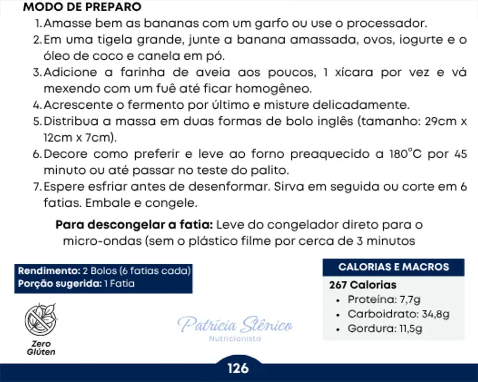 Página del libro con instrucciones de preparación e información nutricional del pastel de plátano con chocolate